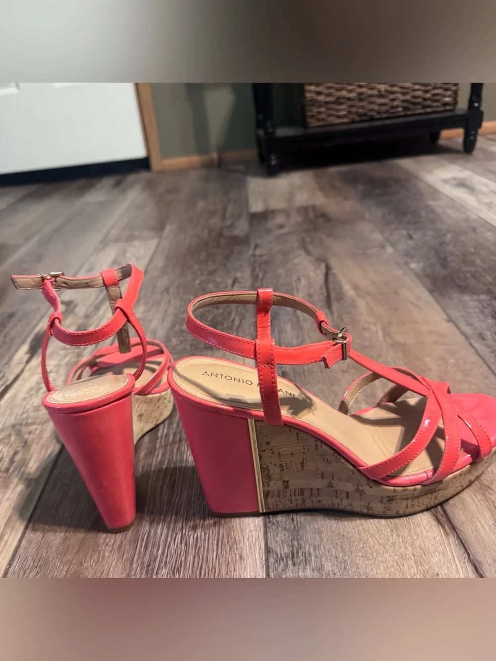 ANTONIO MELANI Coral Patent Wedge Sandals with Cork Platform
